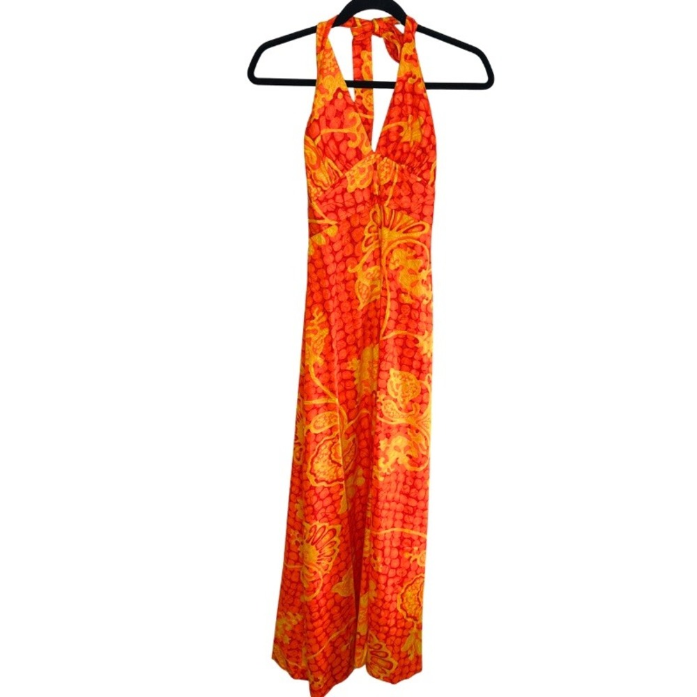 Vtg Hawaii Nei Honolulu Tiki Halter Maxi Dress 70s Orange Dayglo Paisley Sz 10